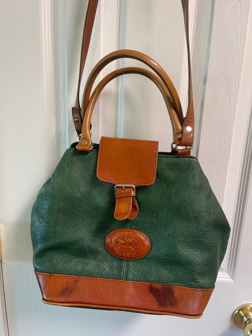 RARE, VTG. Two-Tone Green and Brown Leather Satchel Handbag with Top Handles